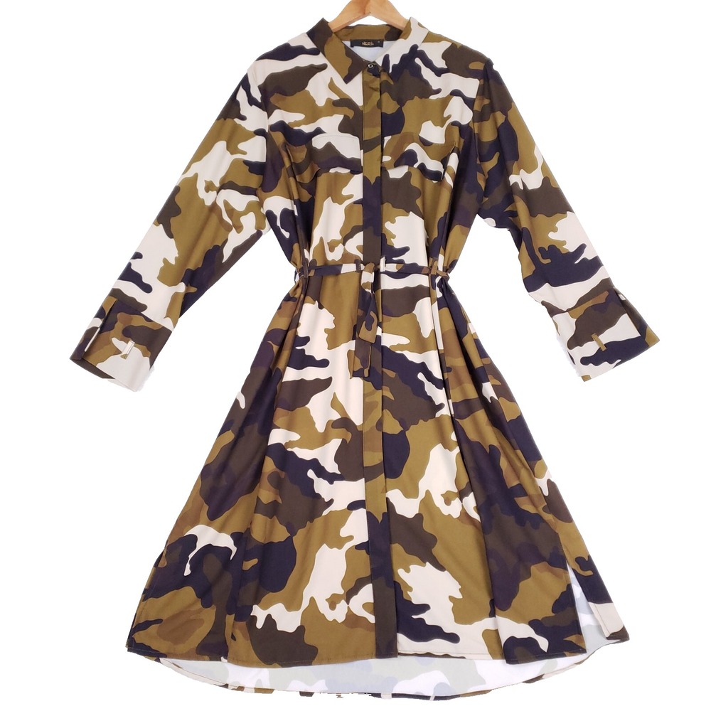 NERI Shirt Dress Camouflage Long Sleeve Cinched Waist Size 3 Green Brown